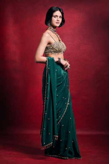 Shop_Tamanna Punjabi Kapoor_Emerald Green Crepe, Satin, Tissue Sequins, Pearls, Zari, Stones, Saree Set _Online_at_Aza_Fashions