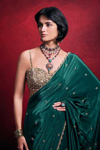 Tamanna Punjabi Kapoor_Emerald Green Crepe, Satin, Tissue Sequins, Pearls, Zari, Stones, Saree Set _at_Aza_Fashions