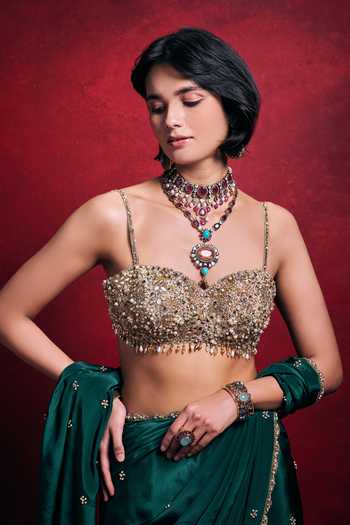 Buy_Tamanna Punjabi Kapoor_Emerald Green Crepe, Satin, Tissue Sequins, Pearls, Zari, Stones, Saree Set 