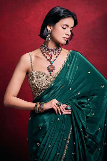 Shop_Tamanna Punjabi Kapoor_Emerald Green Crepe, Satin, Tissue Sequins, Pearls, Zari, Stones, Saree Set _at_Aza_Fashions