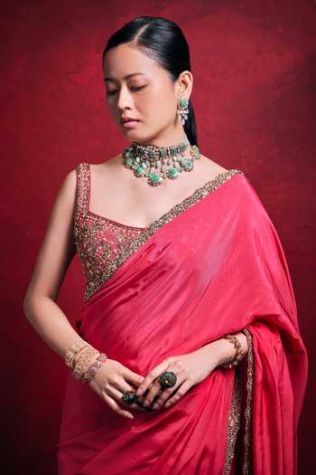 Buy_Tamanna Punjabi Kapoor_Gold Silk, Satin Embroidery, Sequins, Pearls, Zari Square Habutai Saree Set _Online_at_Aza_Fashions