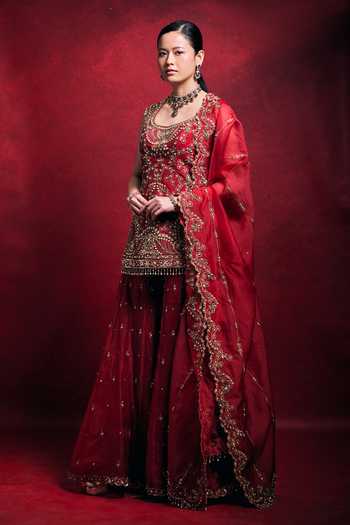 Shop_Tamanna Punjabi Kapoor_Gold Silk, Organza Embroidery, Sequins, Pearls, Zari, Raw Kurta Sharara Set _Online_at_Aza_Fashions