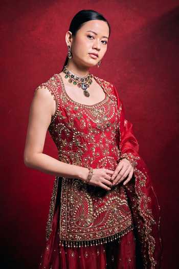 Tamanna Punjabi Kapoor_Gold Silk, Organza Embroidery, Sequins, Pearls, Zari, Raw Kurta Sharara Set _at_Aza_Fashions