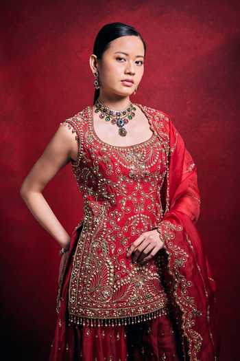 Buy_Tamanna Punjabi Kapoor_Gold Silk, Organza Embroidery, Sequins, Pearls, Zari, Raw Kurta Sharara Set 