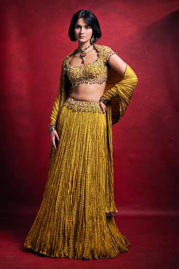 Tamanna Punjabi Kapoor_Mustard Silk, Shantoon Sequins, Pearls, Zari, Crushed Habutai Lehenga Set _Online_at_Aza_Fashions