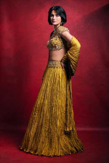Buy_Tamanna Punjabi Kapoor_Mustard Silk, Shantoon Sequins, Pearls, Zari, Crushed Habutai Lehenga Set _Online_at_Aza_Fashions
