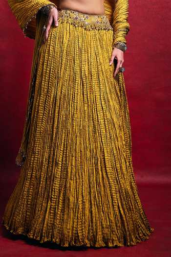 Shop_Tamanna Punjabi Kapoor_Mustard Silk, Shantoon Sequins, Pearls, Zari, Crushed Habutai Lehenga Set _Online_at_Aza_Fashions