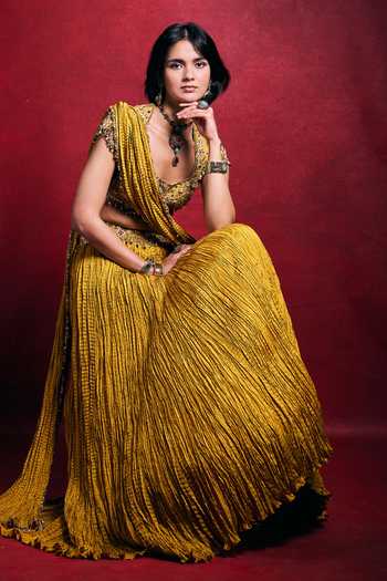 Tamanna Punjabi Kapoor_Mustard Silk, Shantoon Sequins, Pearls, Zari, Crushed Habutai Lehenga Set _at_Aza_Fashions