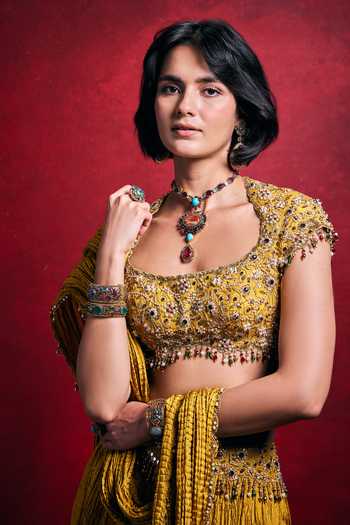 Shop_Tamanna Punjabi Kapoor_Mustard Silk, Shantoon Sequins, Pearls, Zari, Crushed Habutai Lehenga Set _at_Aza_Fashions