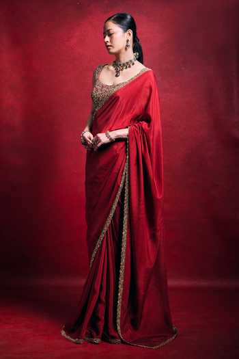 Buy_Tamanna Punjabi Kapoor_Red Silk, Satin Sequins, Beads, Pearls, Zari Scoop Saree With Embroidered Blouse _Online_at_Aza_Fashions