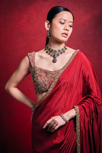 Shop_Tamanna Punjabi Kapoor_Red Silk, Satin Sequins, Beads, Pearls, Zari Scoop Saree With Embroidered Blouse _at_Aza_Fashions