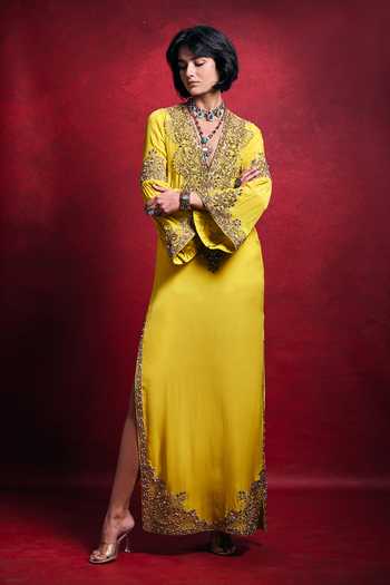 Buy_Tamanna Punjabi Kapoor_Yellow Crepe Embroidery, Sequins, Pearls, Zari, Mirrors Embellished Kaftan _Online_at_Aza_Fashions