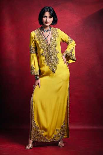 Buy_Tamanna Punjabi Kapoor_Yellow Crepe Embroidery, Sequins, Pearls, Zari, Mirrors Embellished Kaftan _at_Aza_Fashions