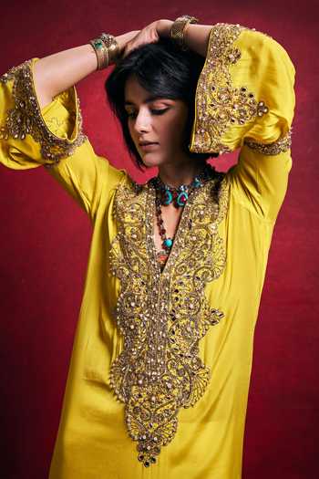 Shop_Tamanna Punjabi Kapoor_Yellow Crepe Embroidery, Sequins, Pearls, Zari, Mirrors Embellished Kaftan _Online_at_Aza_Fashions