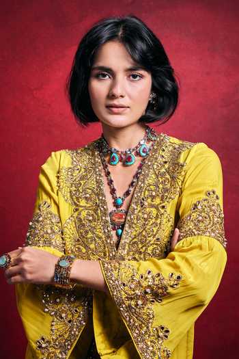 Tamanna Punjabi Kapoor_Yellow Crepe Embroidery, Sequins, Pearls, Zari, Mirrors Embellished Kaftan _at_Aza_Fashions