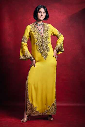 Buy_Tamanna Punjabi Kapoor_Yellow Crepe Embroidery, Sequins, Pearls, Zari, Mirrors Embellished Kaftan 