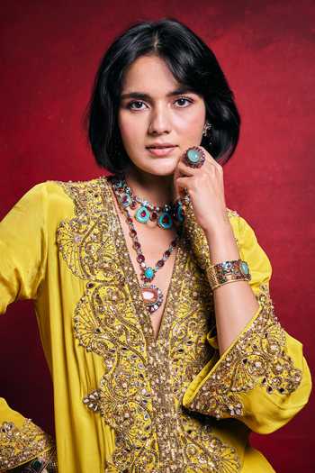 Shop_Tamanna Punjabi Kapoor_Yellow Crepe Embroidery, Sequins, Pearls, Zari, Mirrors Embellished Kaftan _at_Aza_Fashions