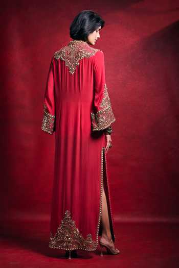 Tamanna Punjabi Kapoor_Fuchsia Embroidery, Sequins, Beads, Pearls, Embellished Side Slit Crepe Kaftan _Online_at_Aza_Fashions