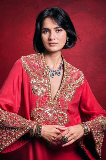 Shop_Tamanna Punjabi Kapoor_Fuchsia Embroidery, Sequins, Beads, Pearls, Embellished Side Slit Crepe Kaftan _Online_at_Aza_Fashions