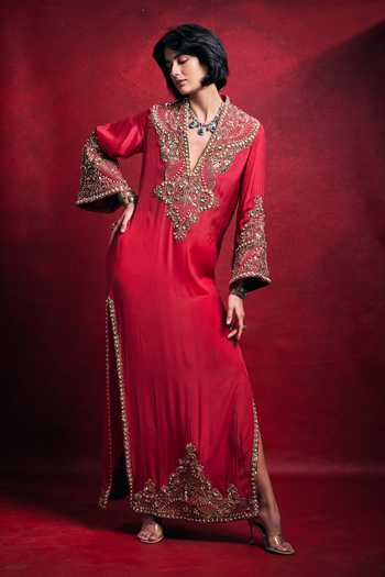 Tamanna Punjabi Kapoor_Fuchsia Embroidery, Sequins, Beads, Pearls, Embellished Side Slit Crepe Kaftan _at_Aza_Fashions