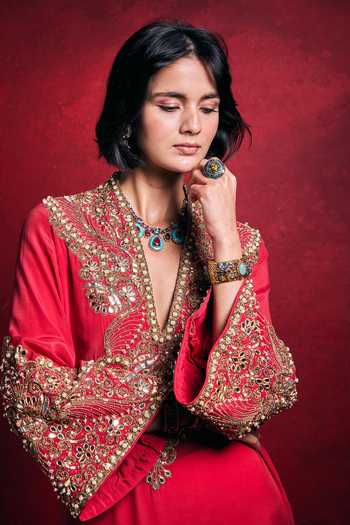 Shop_Tamanna Punjabi Kapoor_Fuchsia Embroidery, Sequins, Beads, Pearls, Embellished Side Slit Crepe Kaftan _at_Aza_Fashions