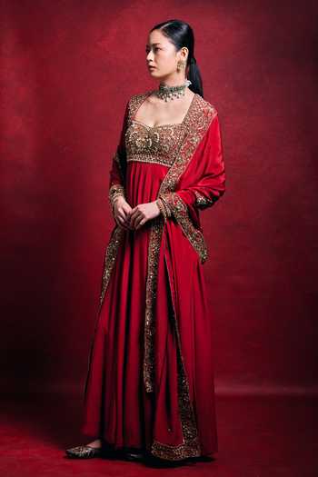 Buy_Tamanna Punjabi Kapoor_Red Crepe, Shantoon Embroidery, Sequins, Pearls, Zari, Anarkali And Dupatta Set _Online_at_Aza_Fashions