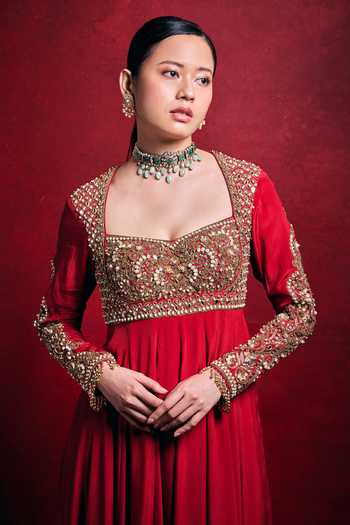 Shop_Tamanna Punjabi Kapoor_Red Crepe, Shantoon Embroidery, Sequins, Pearls, Zari, Anarkali And Dupatta Set _at_Aza_Fashions