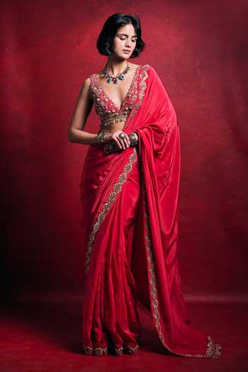 Buy_Tamanna Punjabi Kapoor_Gold Crepe, Satin Sequins, Pearls, Saree With Resham Embroidered Blouse Set _Online_at_Aza_Fashions