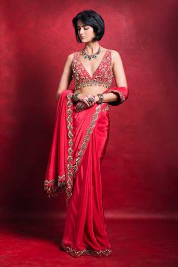 Shop_Tamanna Punjabi Kapoor_Gold Crepe, Satin Sequins, Pearls, Saree With Resham Embroidered Blouse Set _Online_at_Aza_Fashions