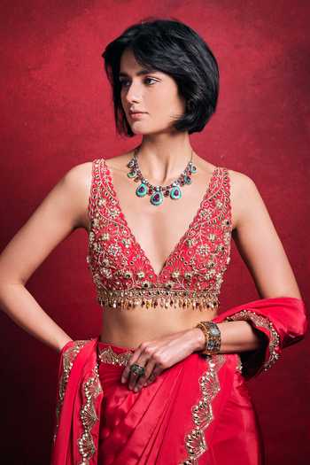 Shop_Tamanna Punjabi Kapoor_Gold Crepe, Satin Sequins, Pearls, Saree With Resham Embroidered Blouse Set _at_Aza_Fashions