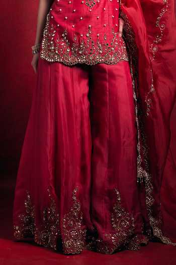 Tamanna Punjabi Kapoor_Red Silk, Organza Embroidery, Sequins, Pearls, Zari, Mirrors Raw Sharara Set _Online_at_Aza_Fashions