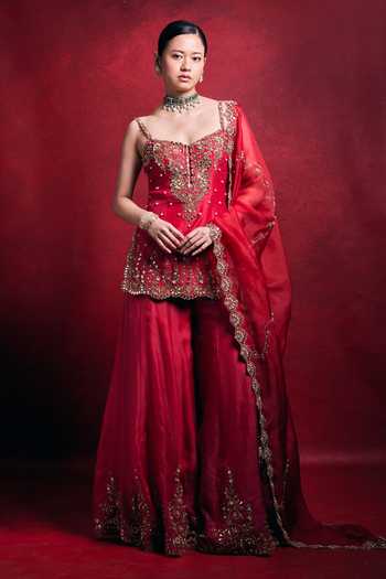 Buy_Tamanna Punjabi Kapoor_Red Silk, Organza Embroidery, Sequins, Pearls, Zari, Mirrors Raw Sharara Set _Online_at_Aza_Fashions