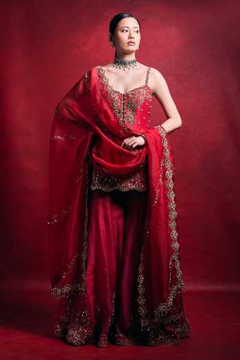 Shop_Tamanna Punjabi Kapoor_Red Silk, Organza Embroidery, Sequins, Pearls, Zari, Mirrors Raw Sharara Set _at_Aza_Fashions