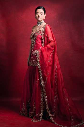 Shop_Tamanna Punjabi Kapoor_Red Silk, Organza Embroidery, Sequins, Pearls, Zari, Mirrors Raw Sharara Set _Online_at_Aza_Fashions