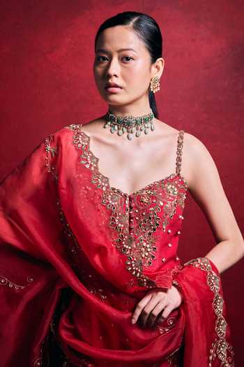 Tamanna Punjabi Kapoor_Red Silk, Organza Embroidery, Sequins, Pearls, Zari, Mirrors Raw Sharara Set _at_Aza_Fashions