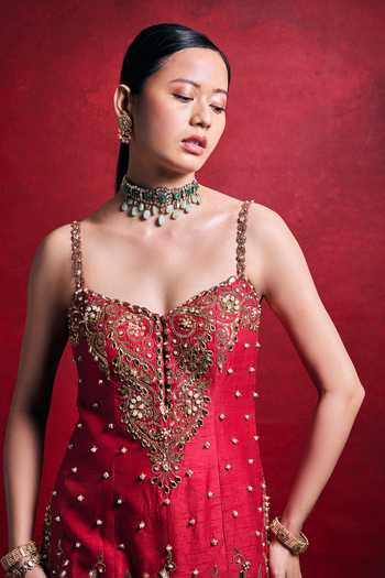 Buy_Tamanna Punjabi Kapoor_Red Silk, Organza Embroidery, Sequins, Pearls, Zari, Mirrors Raw Sharara Set 