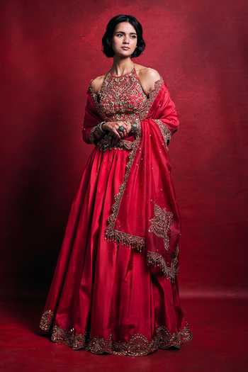 Shop_Tamanna Punjabi Kapoor_Fuchsia Silk, Organza Sequins, Pearls, Floral Embroidered Habutai Lehenga Set _Online_at_Aza_Fashions