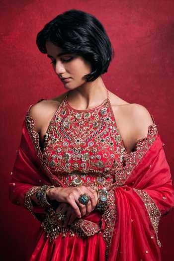 Shop_Tamanna Punjabi Kapoor_Fuchsia Silk, Organza Sequins, Pearls, Floral Embroidered Habutai Lehenga Set _at_Aza_Fashions