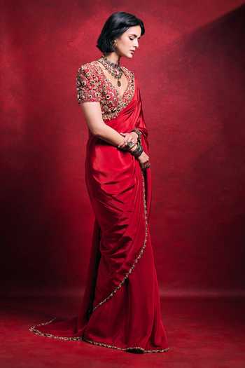 Shop_Tamanna Punjabi Kapoor_Red Crepe, Satin Embroidery, Sequins, Pearls, Zari, Saree With Floral Blouse _at_Aza_Fashions