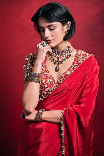 Tamanna Punjabi Kapoor_Red Crepe, Satin Embroidery, Sequins, Pearls, Zari, Saree With Floral Blouse _Online_at_Aza_Fashions
