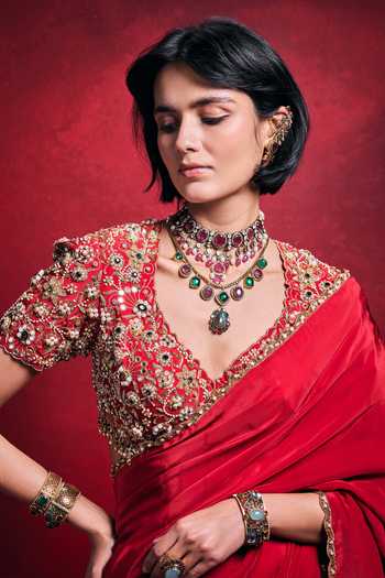 Buy_Tamanna Punjabi Kapoor_Red Crepe, Satin Embroidery, Sequins, Pearls, Zari, Saree With Floral Blouse _Online_at_Aza_Fashions