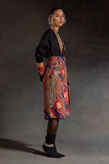 Aseem Kapoor_Black Silk Embroidery, Zari, Tassels V-neck Atri Collar Crushed Shirt _Online_at_Aza_Fashions