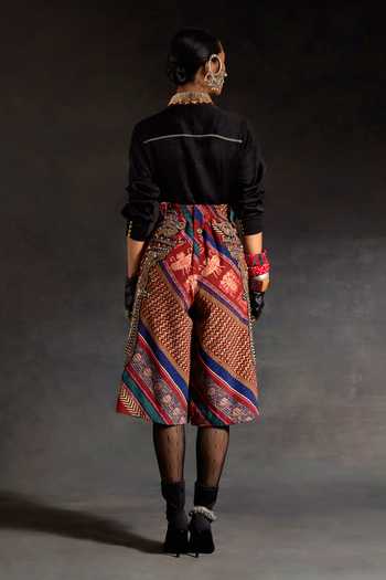 Shop_Aseem Kapoor_Black Silk Embroidery, Zari, Tassels V-neck Atri Collar Crushed Shirt _at_Aza_Fashions