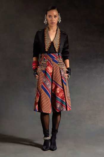 Shop_Aseem Kapoor_Black Silk Embroidery, Zari, Tassels V-neck Atri Collar Crushed Shirt _Online_at_Aza_Fashions