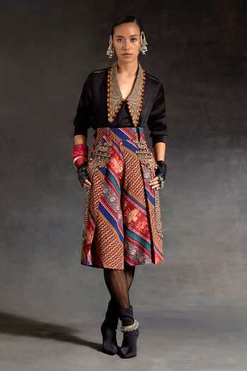 Aseem Kapoor_Black Silk Embroidery, Zari, Tassels V-neck Atri Collar Crushed Shirt _at_Aza_Fashions