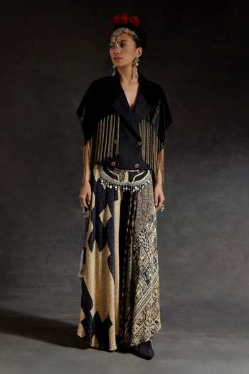 Aseem Kapoor_Black Crepe, Velvet Tassels, Fringe, Chains Zoa Detailed Cropped Trench Jacket _Online_at_Aza_Fashions