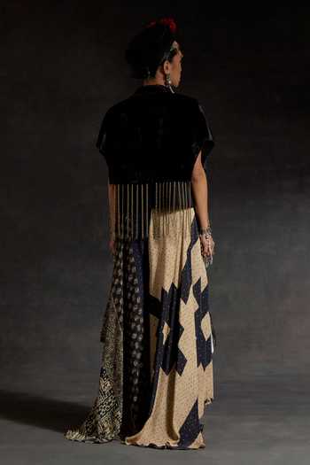 Shop_Aseem Kapoor_Black Crepe, Velvet Tassels, Fringe, Chains Zoa Detailed Cropped Trench Jacket _at_Aza_Fashions