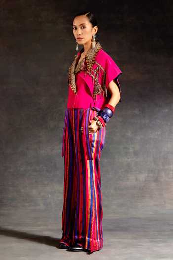 Aseem Kapoor_Pink Crepe Zari, Tassels Notched Neck Zoa Taselled Cropped Trench Jacket _Online_at_Aza_Fashions
