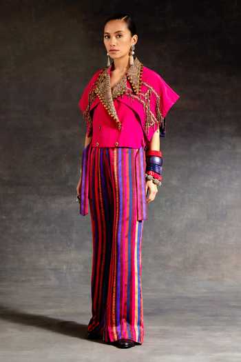 Shop_Aseem Kapoor_Pink Crepe Zari, Tassels Notched Neck Zoa Taselled Cropped Trench Jacket _Online_at_Aza_Fashions