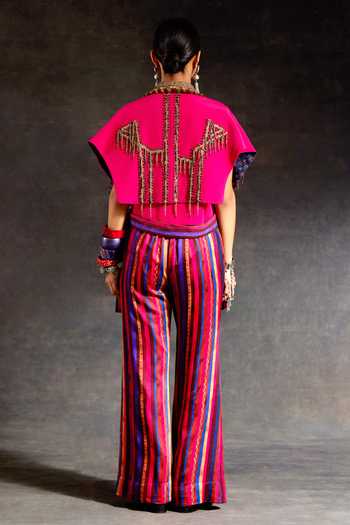 Shop_Aseem Kapoor_Pink Crepe Zari, Tassels Notched Neck Zoa Taselled Cropped Trench Jacket _at_Aza_Fashions